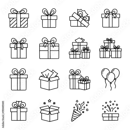 Outline gift box icon black vector line art present set