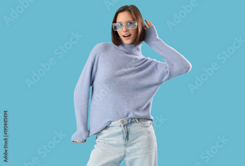 Young woman in lilac sweate...