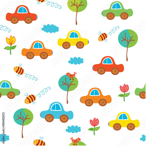 Funny seamless pattern for kids with cars, trees and bees, vector graphic illustration