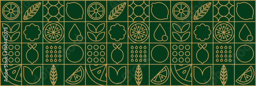 Organic restaurant background with abstract leaf and fruit lemon geometric mosaic.