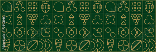 Green geometric mosaic with fruit and organic leaf lines for restaurant.