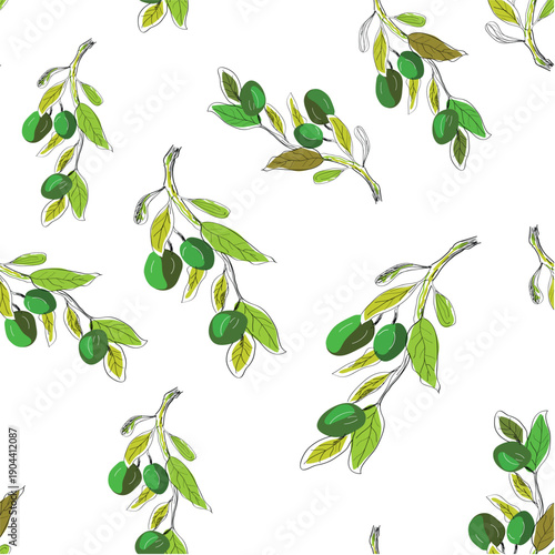 Olive branches hand drawn seamless pattern, vector illustration