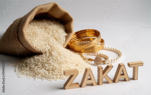 Traditional rings displayed beside a sack of rice symbolizing zakat donation.