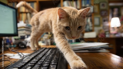 A cat walking across a computer keyboard, interrupting work, authentic home office