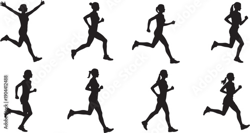 Woman running jogging exercise silhouette collection on white background