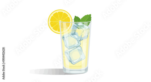 Flat vector illustration of a glass of lemonade with ice cubes