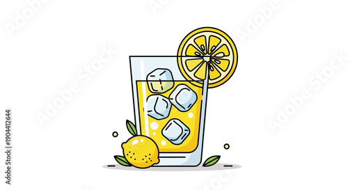Flat vector illustration of a glass of lemonade with ice cubes