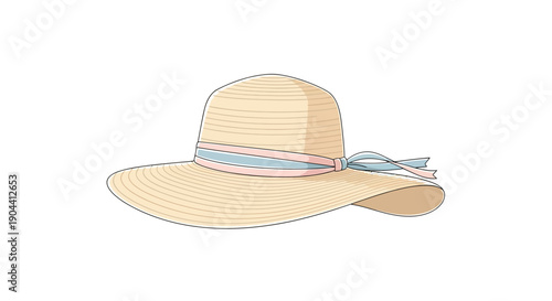  flat vector illustration of a wide-brim straw beach hat
