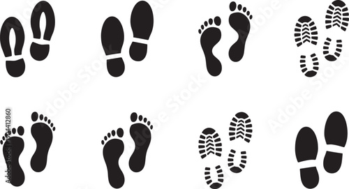 Collection of various footprints and shoe prints on white background