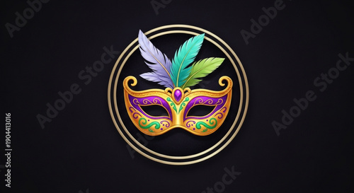 Vibrant mardi gras mask with colorful feathers and gold accents on a black background for party and celebration themes