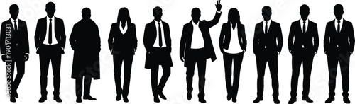 Vector, black, silhouette, illustration, of, a, diverse, group, of, professional, businessmen, and, businesswomen, in, formal, suits, for, corporate, n