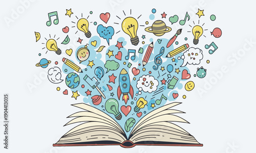 open book Heartfelt Creativity: Music Notes, Space Rocket, and Love Concepts Flowing from a Storybook