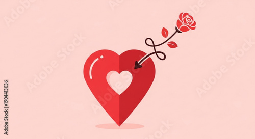 3d red heart with white center pierced by an arrow with a rose on a pink background symbolizing love and passion