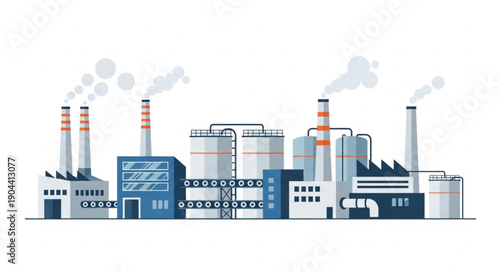 Industrial factory complex with smoking chimneys producing pollution.