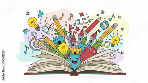 open book Whimsical Art and Music: Monsters, Pencils, and Musical Notes Bursting from a Storybook