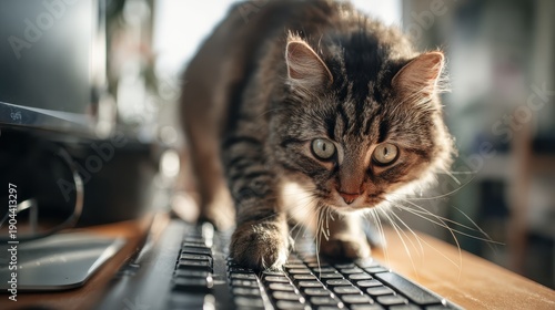 A cat walking across a computer keyboard, interrupting work, authentic home office