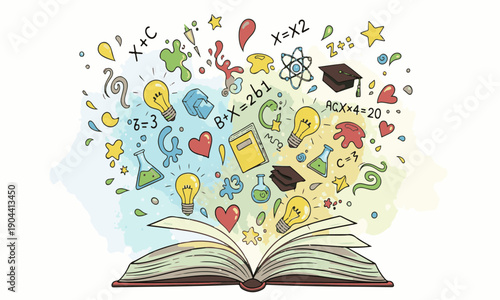 open book Back to School Education Book: Math, Science, Chemistry & Learning Icons