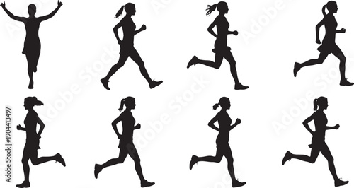 Set of silhouettes of people running in various poses and movements