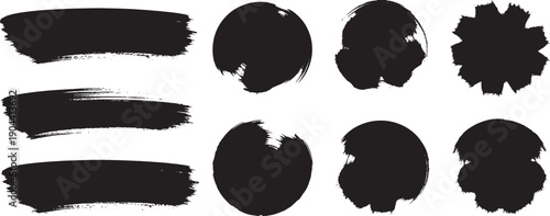Black brush strokes and circles for graphic design and textures