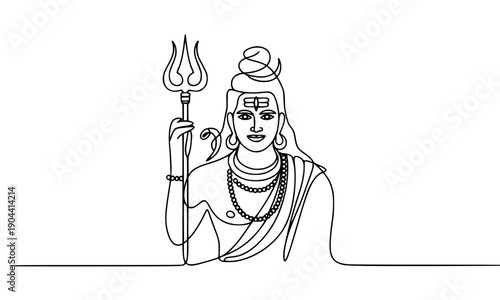 Lord Shiva line art illustration holding trishul trident in continuous one line drawing style for Maha Shivratri festival Hindu religious minimalist design template