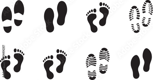 Various footprints and shoe prints in different shapes and sizes on white background