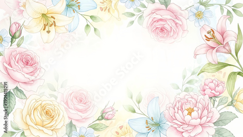 Soft watercolor floral border with roses and lilies frame
