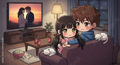 Anime couple watching romantic movie on sofa