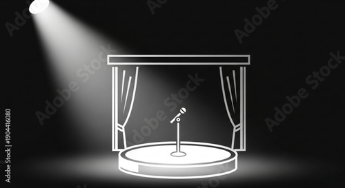Spotlight shines on empty stage with microphone stand and curtains ready for performance or presentation