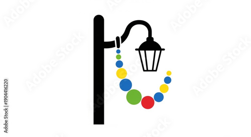 Colorful street lamp post with multicolored beads hanging from it on a plain background