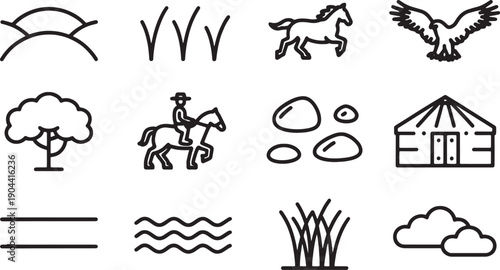 Minimalist line icons of nature and countryside elements