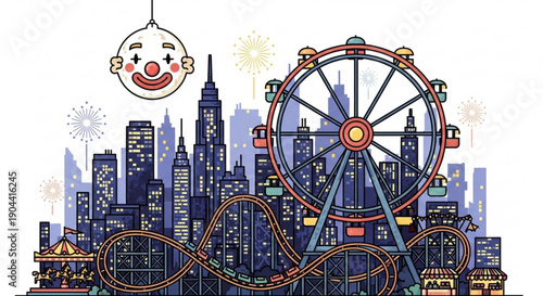 Colorful amusement park ride in a city with a ferris wheel and a clown face hanging above with a rollercoaster and cityscape in the background under a white sky with fireworks