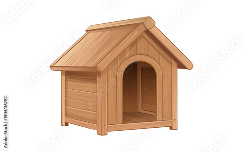 A wooden dog house with a sloping roof and an arched entrance.