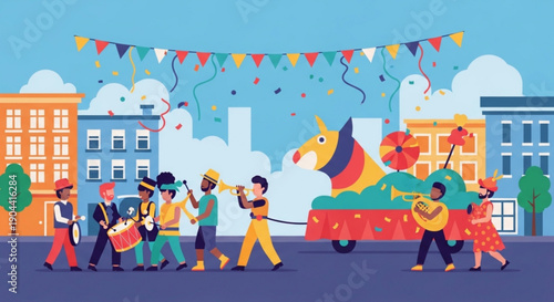 People celebrating a street festival with a colorful piata and musicians in a city