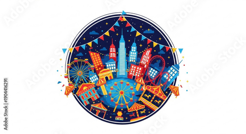 Vibrant nighttime cityscape with illuminated carnival rides and colorful flags festive atmosphere and dynamic lights in a circular frame urban celebration