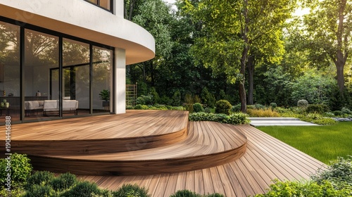 Modern Wooden Deck Design in Serene Green Backyard