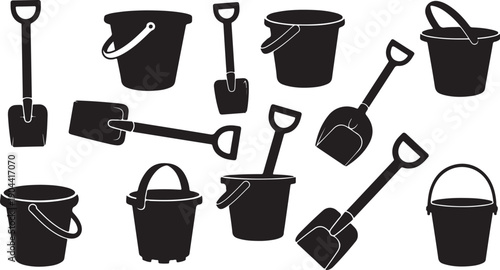 Set of gardening tools and buckets flat design vector illustration isolated on white background