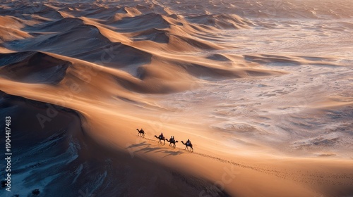 Desert camels traverse golden dunes at dawn