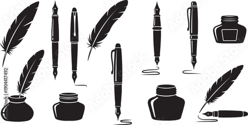 Quill pens and ink bottles set with feathers in elegant flat design vector illustration