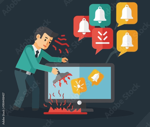 Person frustrated with computer, surrounded by notification icons and alerts.