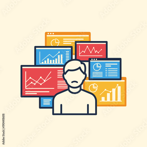 Person overwhelmed by multiple data analysis and graph reports on screens.