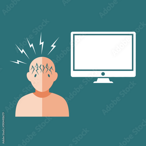Person experiencing headache with lightning bolts near head and a computer monitor.
