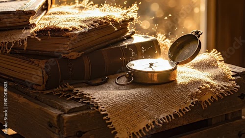Vintage Books and Pocket Watch on Table.
