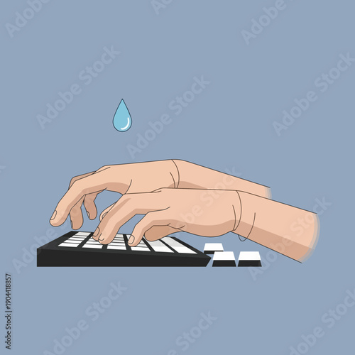 Hands playing a keyboard with a water droplet above, symbolizing music and emotion.