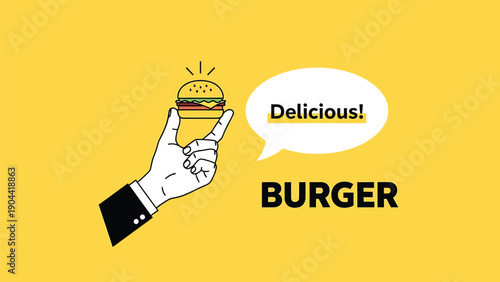A minimalist illustration depicts a hand holding a burger set against a vibrant yellow background with sun like rays above high quality professional detailed modern elegant