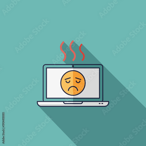 Laptop with a sad face emoji and steam indicating overheating or discomfort.