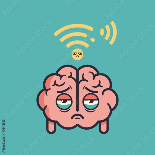 Cartoon brain with tired eyes and a sad emoji above, emitting Wi-Fi signals.