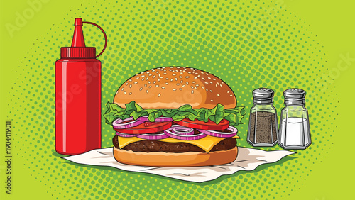 A vibrant pop art illustration features a red ketchup bottle alongside a classic cheeseburger with visible toppings high quality professional detailed modern elegant stylish clean crisp
