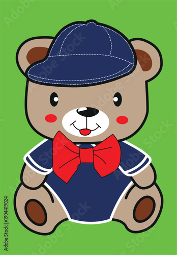 Wallpaper Mural A cute brown cartoon teddy bear sitting with a soft fur texture wears a hat and bow while holding a flower, heart gift, and Christmas toy in this vector drawing illustration for a baby Torontodigital.ca