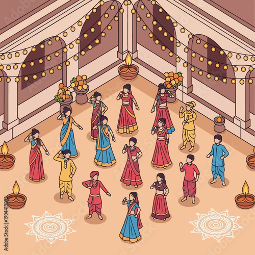 Group of people in traditional Indian attire dancing together in a decorated hall.
