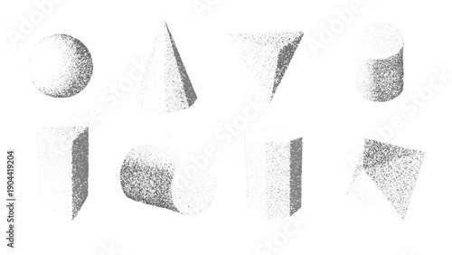 Abstract geometric shapes with grainy noise texture and soft halftone shading